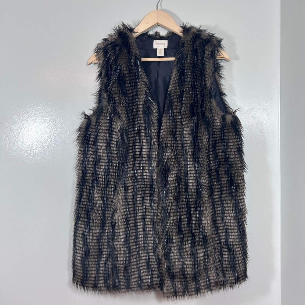 Chico's Faux Fur Vest Brown Black Striped Open Front Size 1 Medium